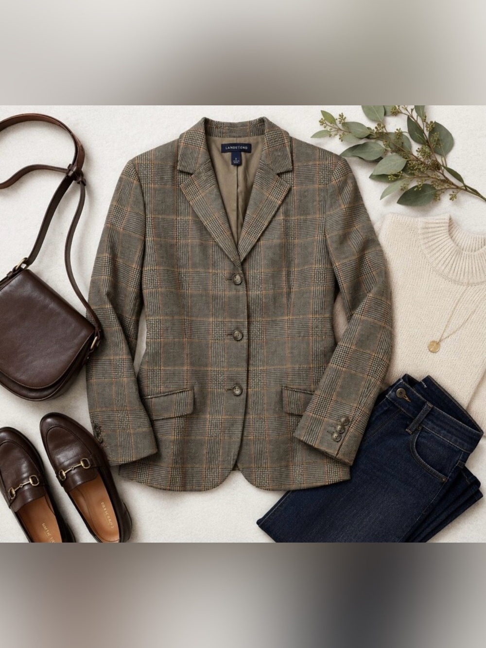 NEW* Lands' End Womens 8 Wool & Cashmere Plaid Blazer Jacket Gray & Tan 3-Button